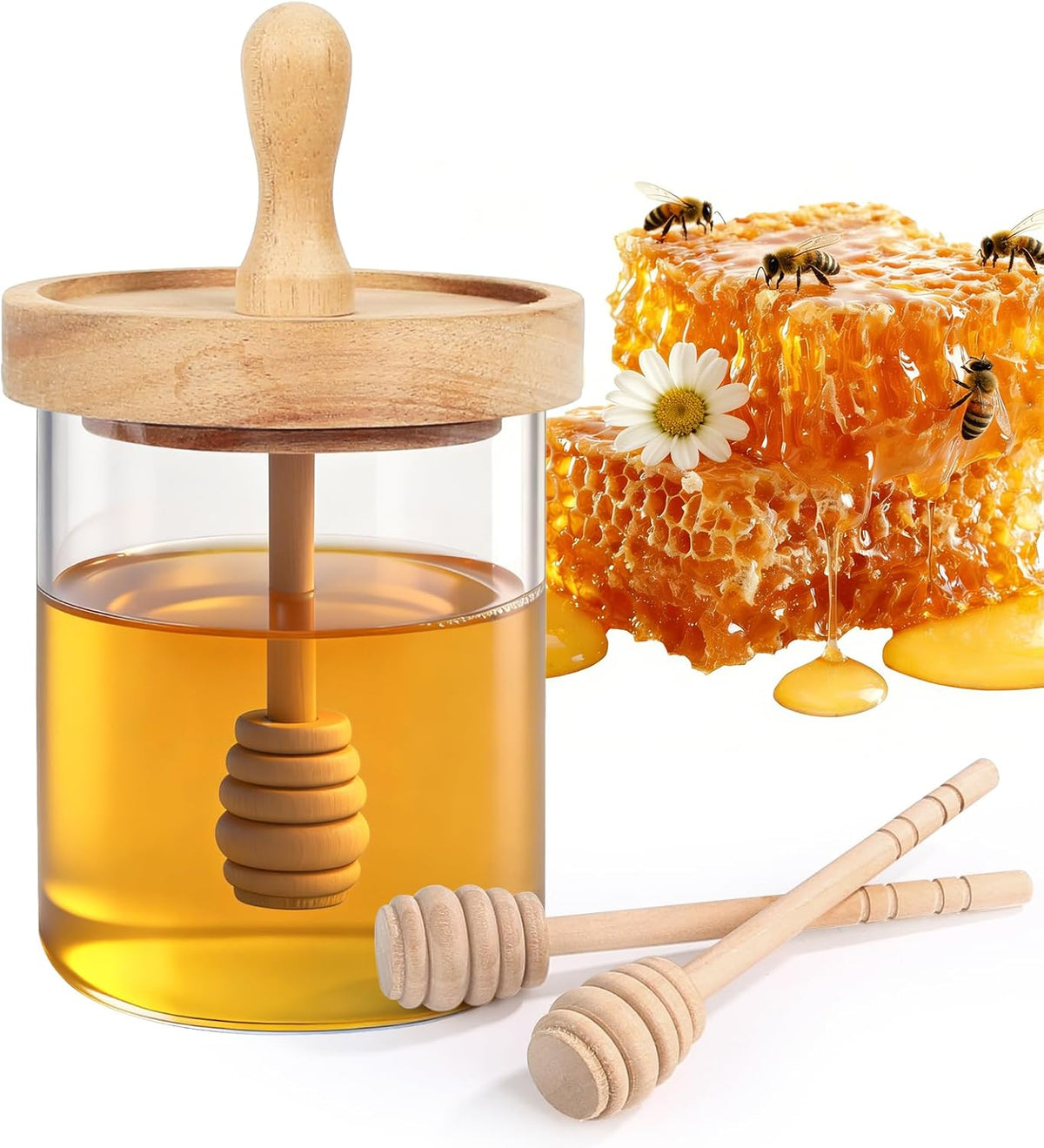 Honey Jar with Dipper and Lid,Glass Honey Pot Container Dispenser,Clear Glass Honey Container for Home Kitchen,Store Honey and Syrup,Easy to Clean… (12oz)