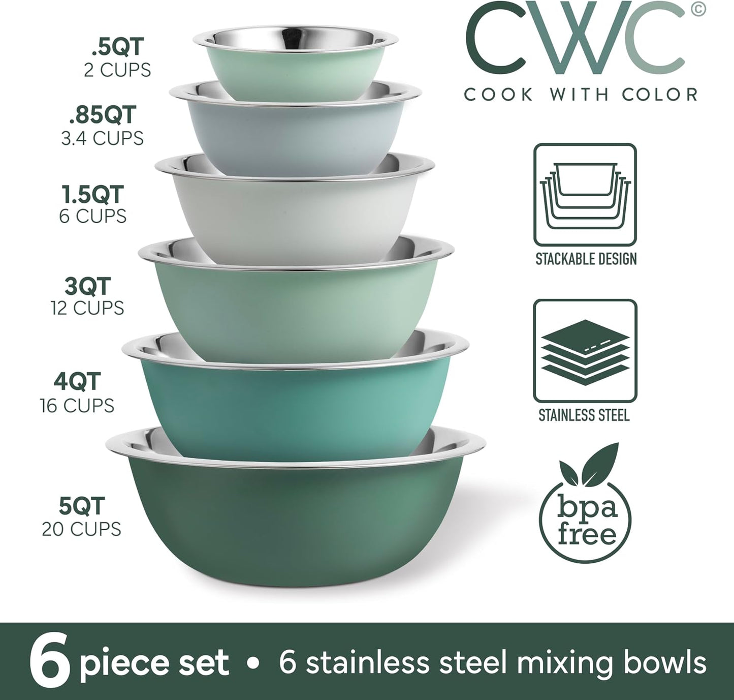 COOK WITH COLOR Stainless Steel Mixing Bowls Set - Nesting Bowls, 6 Pieces, Rose