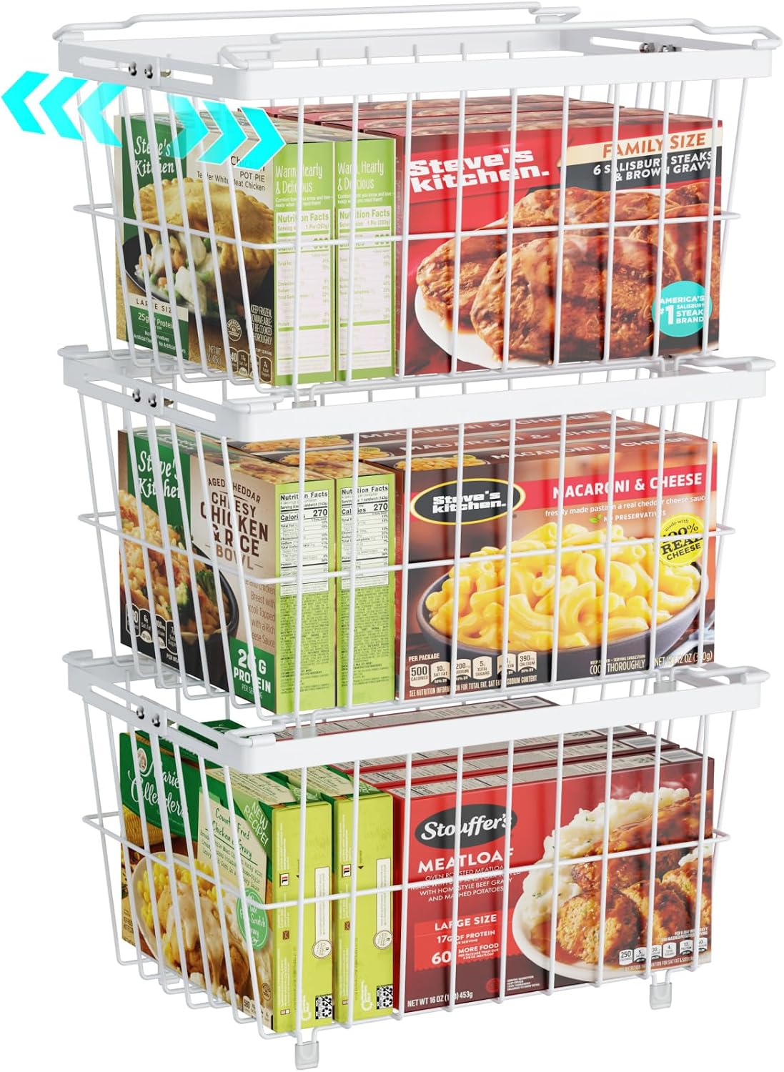 iSPECLE Chest Freezer Organizer - Adjustable Width & Extra Depth, 3 Pack | For 5-7 Cu Ft Chest Freezers, Stackable Large Freezer Organizer Bins, Easy Food Access & Organization, No Wasted Space, White