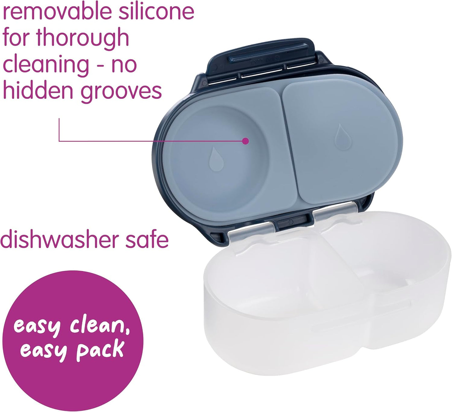 b.box Snack Box 2-Pack - Leak Proof Mini Bento Box for Kids & Toddlers, 2 Compartment Snack Containers for Kids, Dishwasher Safe, BPA-Free, PFAS-Free, Ages 4mo+, 1 3/4 Cup Each (Strawberry + Lilac)