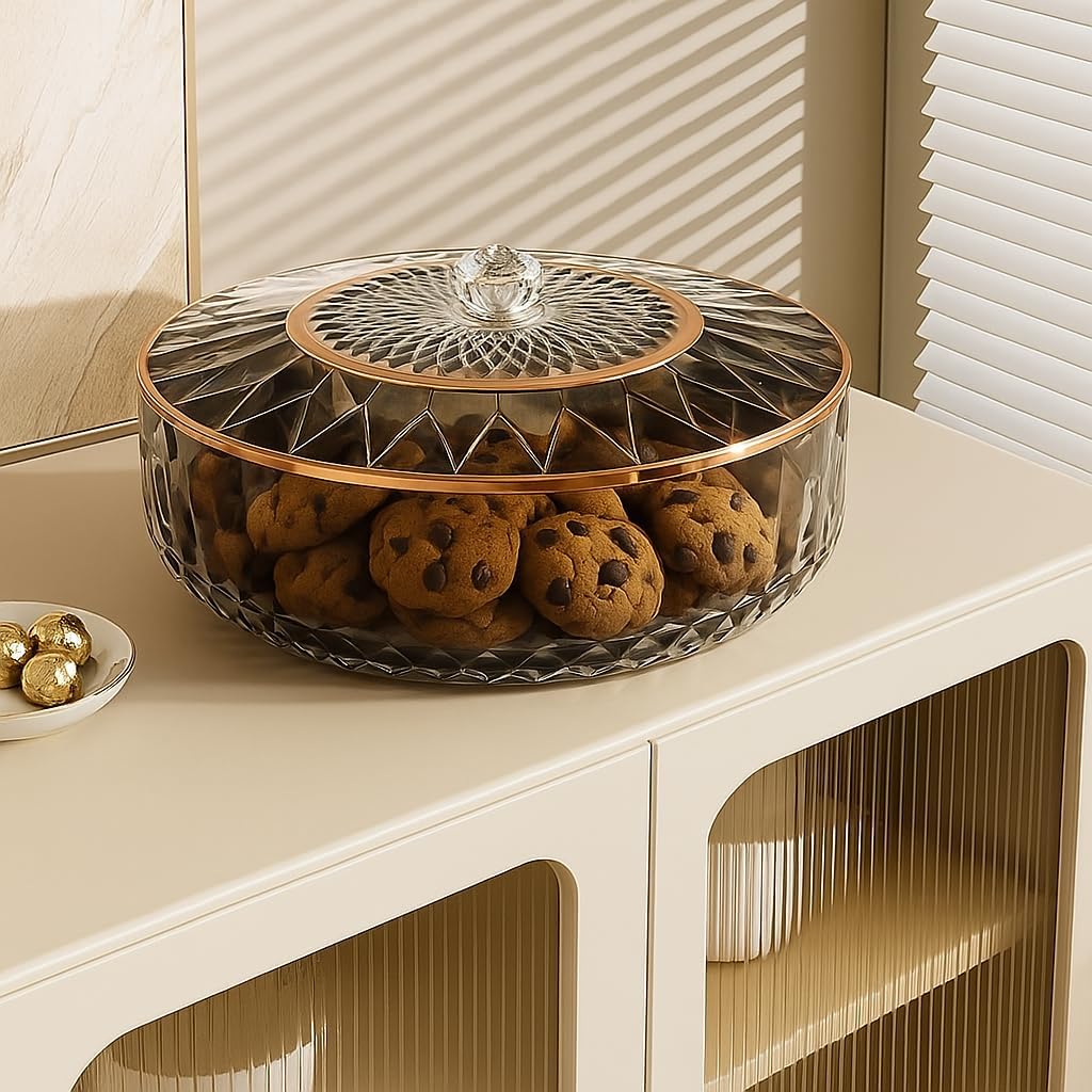 Clear Divided Snack Serving Tray with Lid – 6-Compartment Party Platter with Rose Gold Accent Lines for Candy, Fruit, Nuts, Chips, Appetizers & Desserts