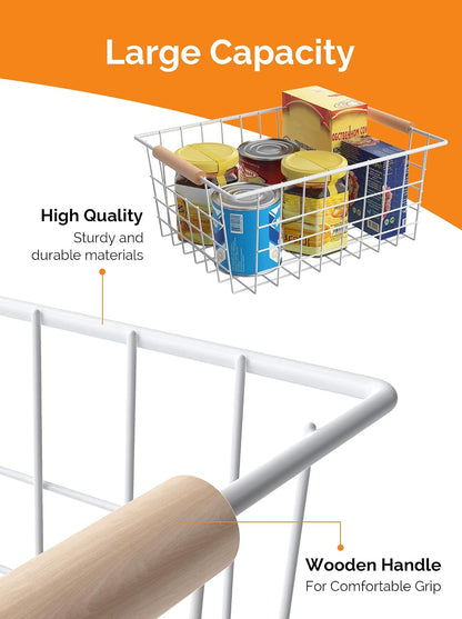 Wire Basket with Wooden Handle, Metal Utility Storage Basket for Organizing Kitchen Pantry Cabinets, Closet and Garage Shelves Drawers, Office Metal Basket Storage Organizer with Handle (Black 4 Pack)
