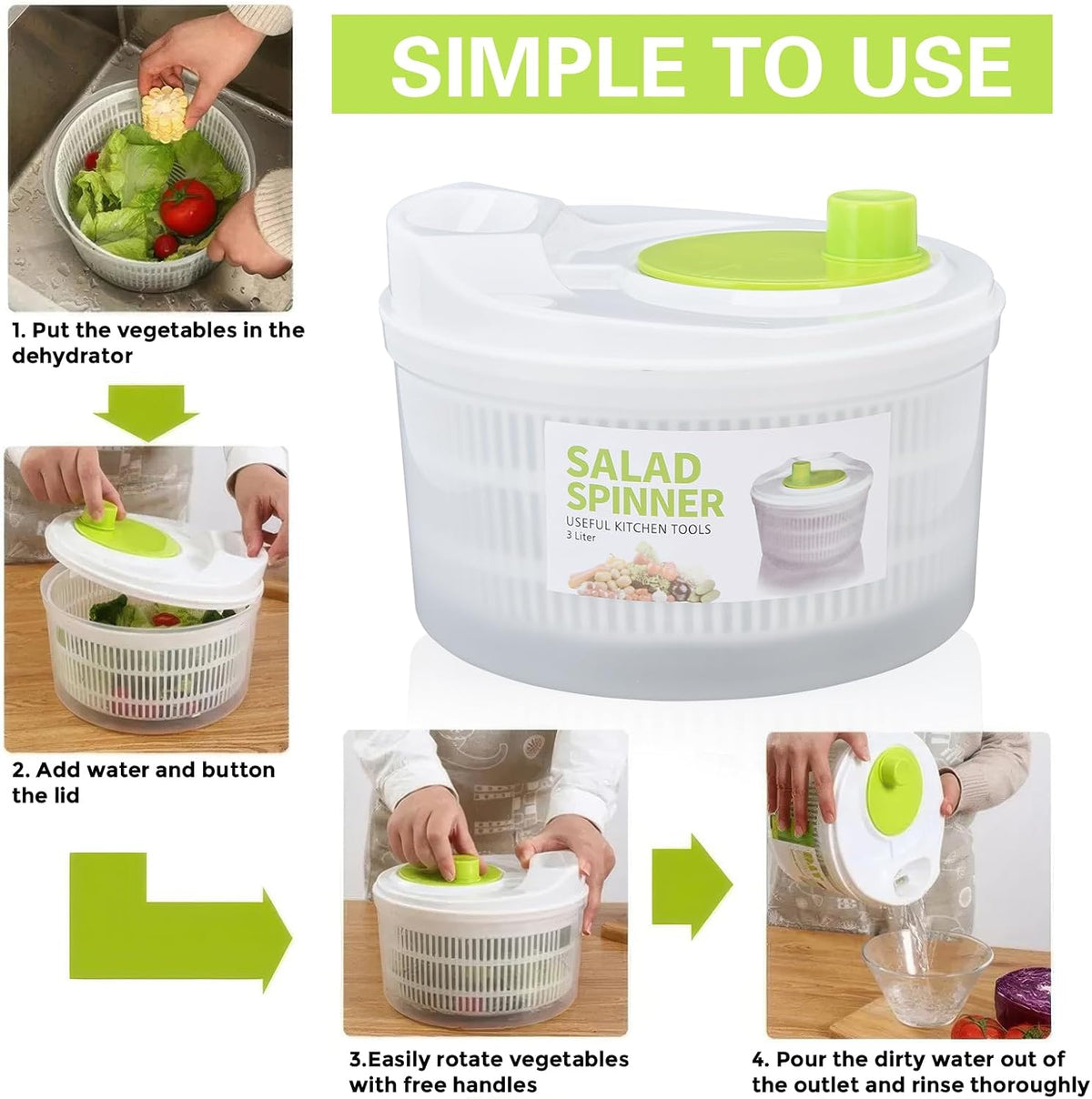 3L Salad Spinner,Fydun Versatile Lettuce Dryer with Colander & Bowl, for Berries, Fruits, and Veggies, White & Green