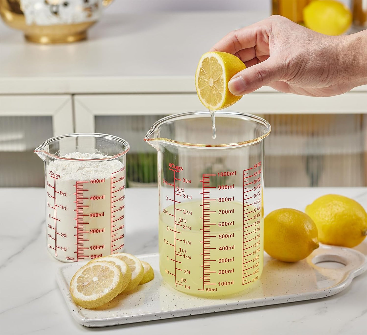 3 Piece Glass Measuring Cup Set, Includes 1/2-Cup, 1-Cup, and 2-Cup High Borosilicate Glasss Liquid Measuring Cups, Dishwasher, Freezer, Microwave, and Preheated Oven Safe, Essential Kitchen Tools