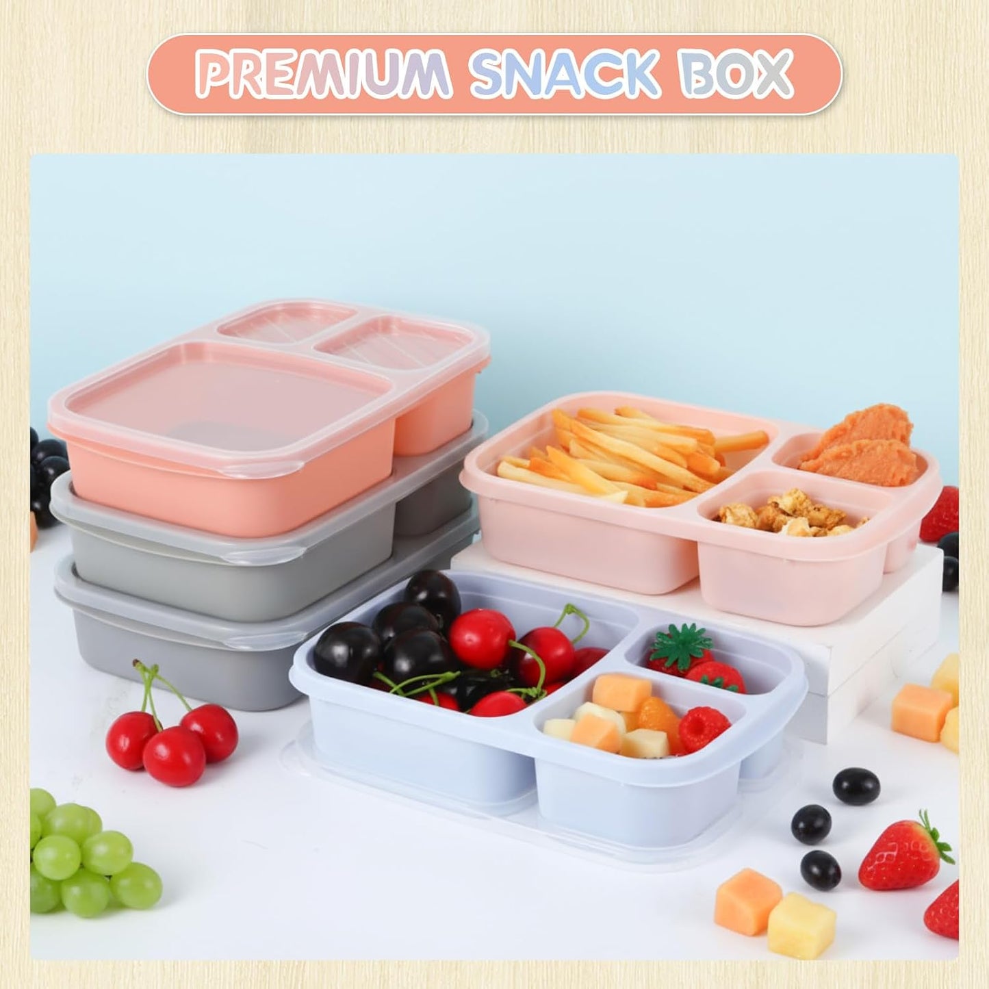 Honeydak 5 Pack Snack Containers 3 Compartment Bento Snack Boxes Divided Meal Prep Containers with Lids Reusable Adults Lunch Food Storage Box for School Work Travel(Elderberry)