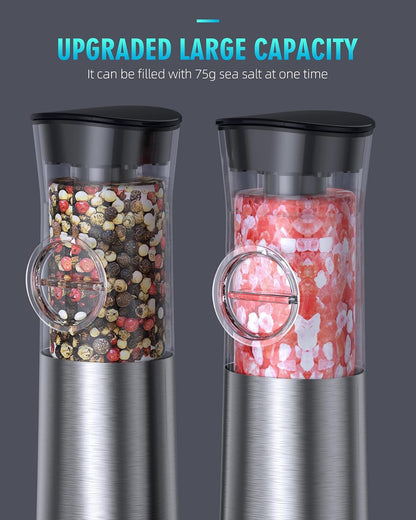 Gravity Electric Salt and Pepper Grinder Set, USB Rechargeable Automatic Salt and Pepper Grinders with Charging Base, Adjustable Coarseness, One-Handed Operation, LED Light, Stainless Steel