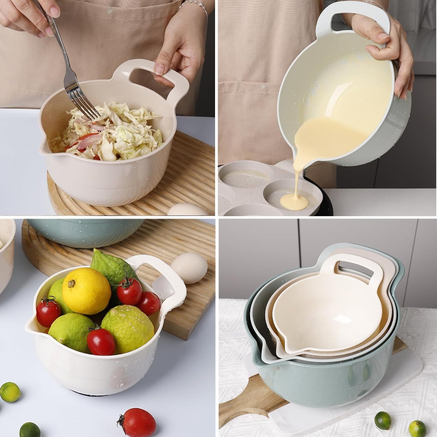 Mixing Bowls - 4 Piece Nesting Plastic Mixing Bowl Set with Pour Spouts and Handles - Non Slip Bottom and Measurement Markings (Light Gray)
