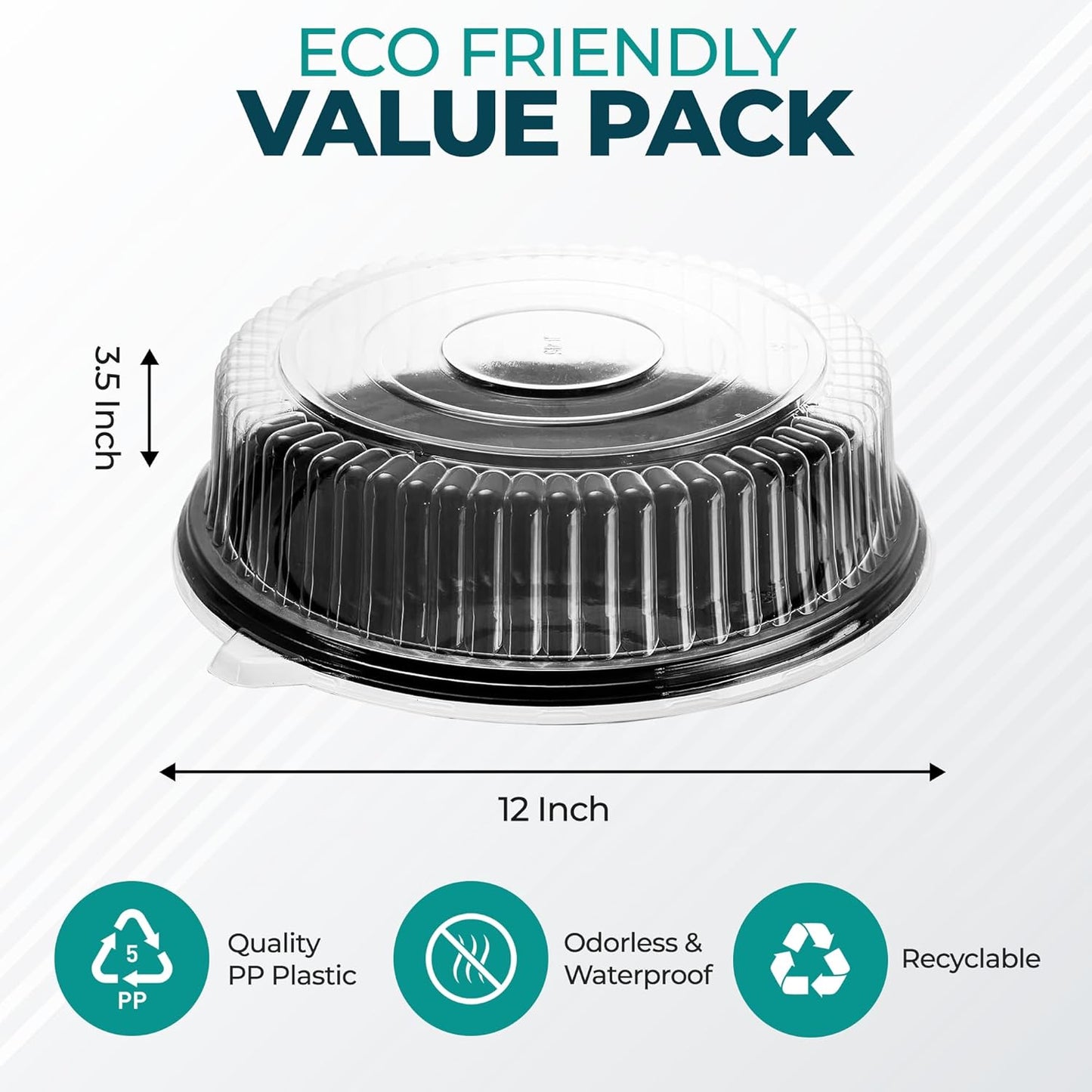 12" Catering Trays With Lids [3 Pack] - Black Serving Tray, Clear Lid, Plastic Disposable Round Party Platters, Flan Containers, Dessert Sandwich Cookie Food Trays for Parties