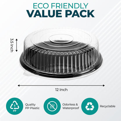 12" Catering Trays With Lids [3 Pack] - Black Serving Tray, Clear Lid, Plastic Disposable Round Party Platters, Flan Containers, Dessert Sandwich Cookie Food Trays for Parties