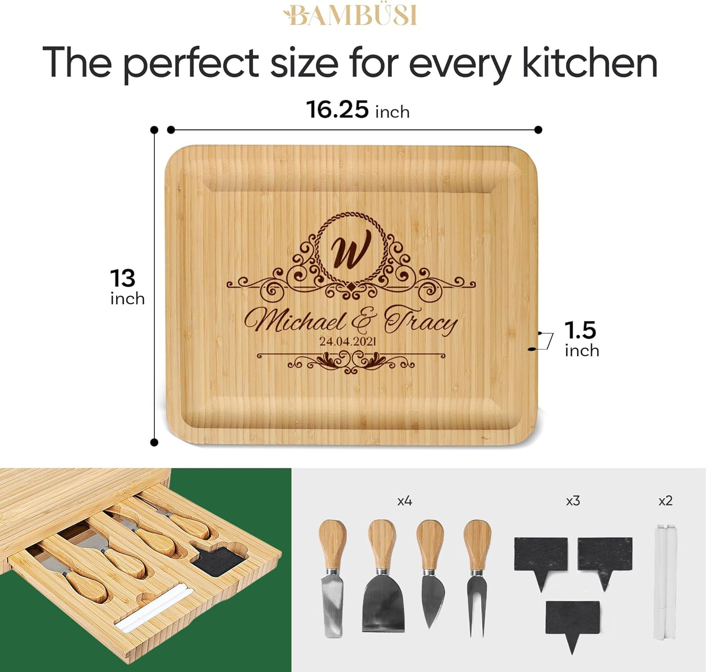 Personalized Charcuterie Board Gift Set - Custom Engraved Bamboo Cheese Board with Knife Set - Personalized Gifts for Wedding Anniversary Bridal Shower Engagement Birthday Housewarming Couples Women