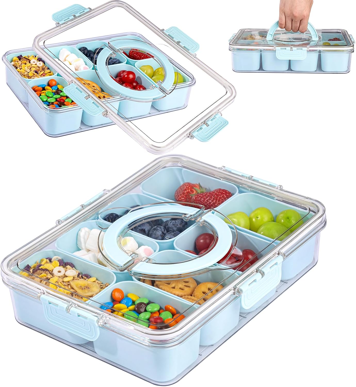 U-QE Dishwasher Safe Snackle Box Container with 8 Small Snacks Box - Premium Ivory Plastic Divided Serving Tray with Lid and Handle for Snack, Veggie, Fruits, Perfect for Party, Picnic, Entertaining