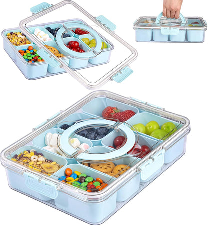 U-QE Dishwasher Safe Snackle Box Container with 8 Small Snacks Box - Premium Ivory Plastic Divided Serving Tray with Lid and Handle for Snack, Veggie, Fruits, Perfect for Party, Picnic, Entertaining