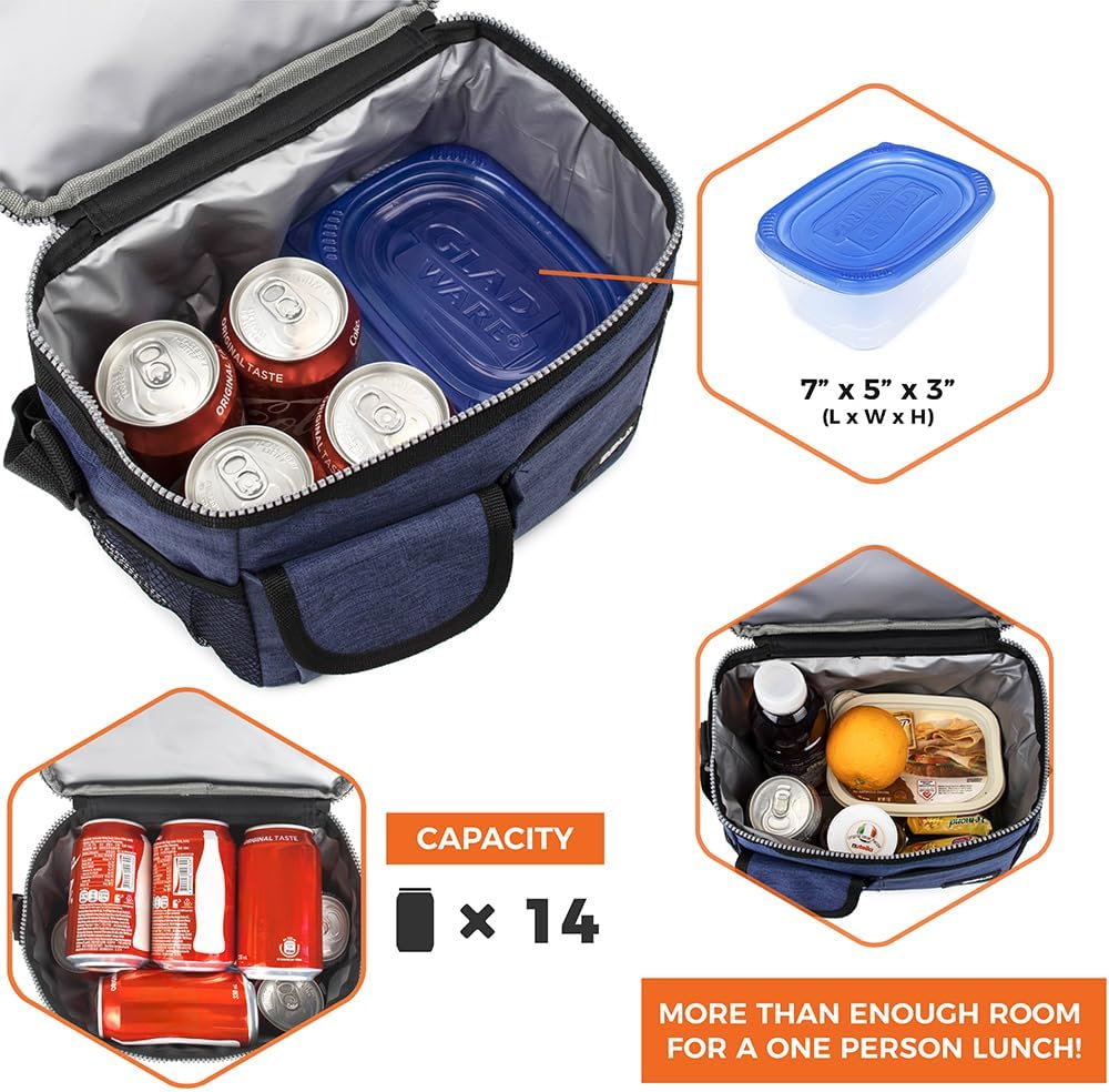 opux Insulated Lunch Bag for Men Women, Leakproof Black Lunch Box for Work, Portable Soft Lunch Cooler Bag with Shoulder Strap, Adult Lunchbox Lunch Pail for Kid Boy Girl School, 14 Can/8L