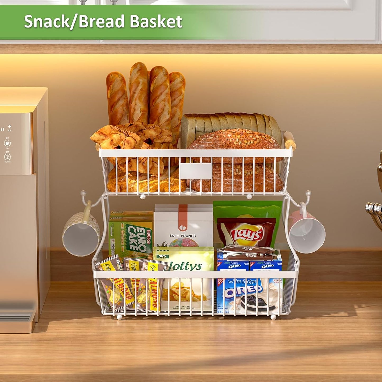 2 Tier Fruit Basket for Kitchen Counter with 2 Banana Hangers, Countertop Metal Bread Basket with Wooden Handle, Large Storage Stand for Vegetables, Snacks, Eggs, Produce Storage – Black