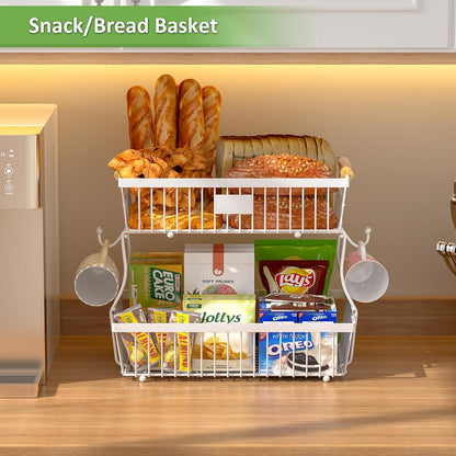 2 Tier Fruit Basket for Kitchen Counter with 2 Banana Hangers, Countertop Metal Bread Basket with Wooden Handle, Large Storage Stand for Vegetables, Snacks, Eggs, Produce Storage – Black