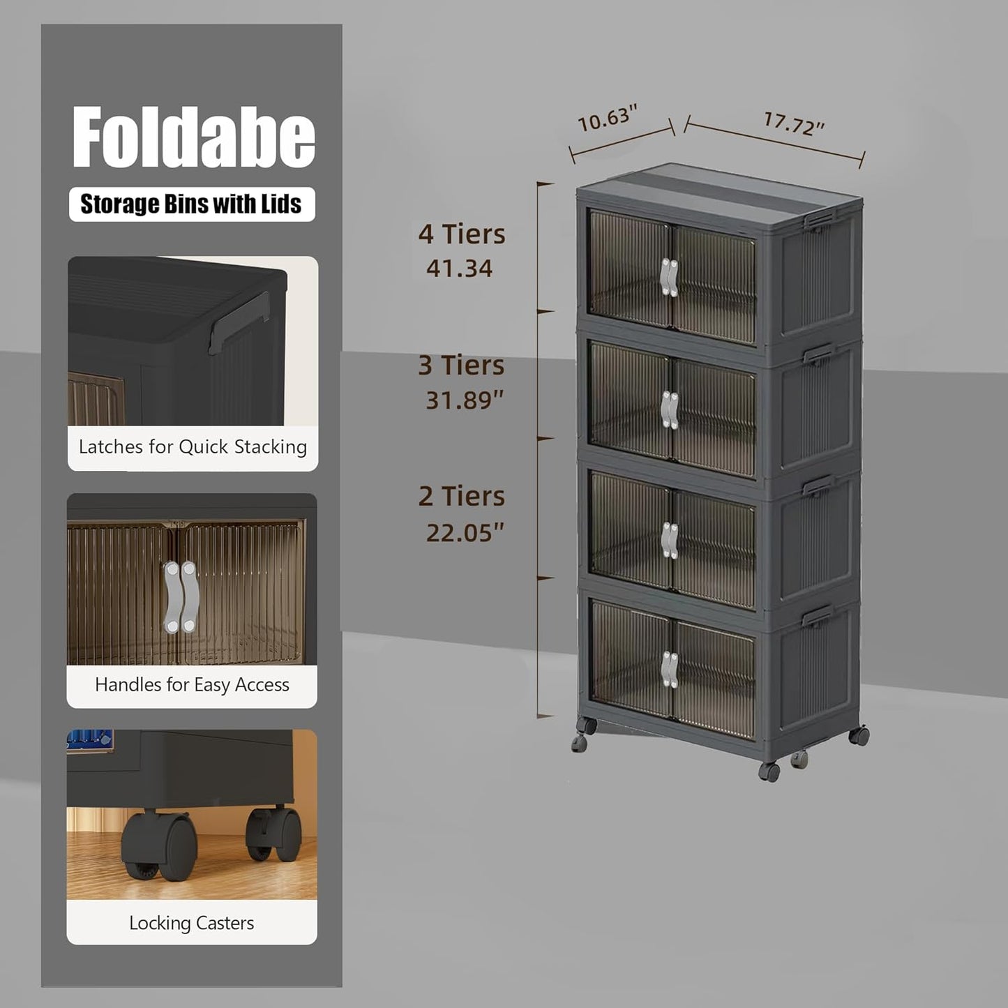 51QT Stackable Storage Bins with Lids & Wheels - Foldable Cabinet Clear Door Plastic Organizer Containers for Home, Garage, Pantry Organization - Collapsible Design Gray 5T