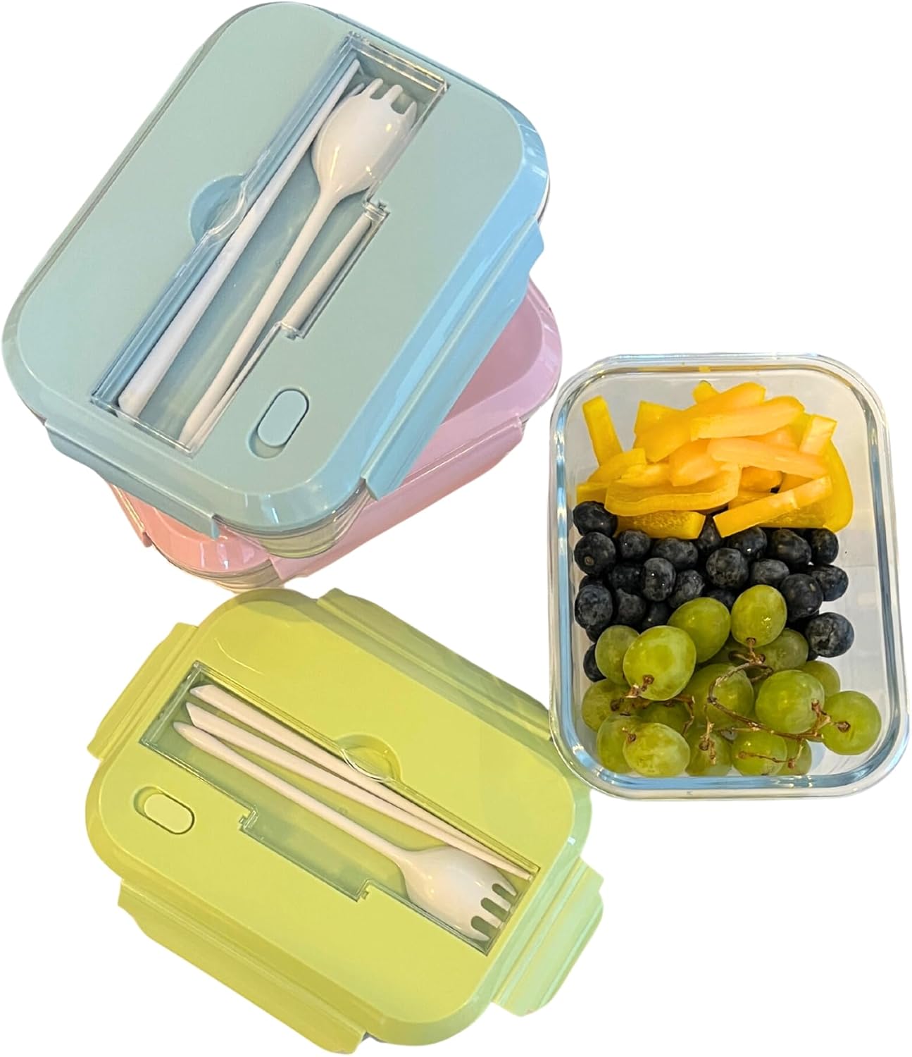 THY COLLECTIBLES Set of 3 36 OZ Glass Lunch Storage Containers with Lids and Utensils, Microwave Safe, Leak Proof, Freezer to Oven Safe for Meal Prep, Leftovers, Cooking, Bento Box (3 Compartments)