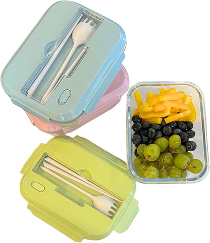 THY COLLECTIBLES Set of 3 36 OZ Glass Lunch Storage Containers with Lids and Utensils, Microwave Safe, Leak Proof, Freezer to Oven Safe for Meal Prep, Leftovers, Cooking, Bento Box (3 Compartments)