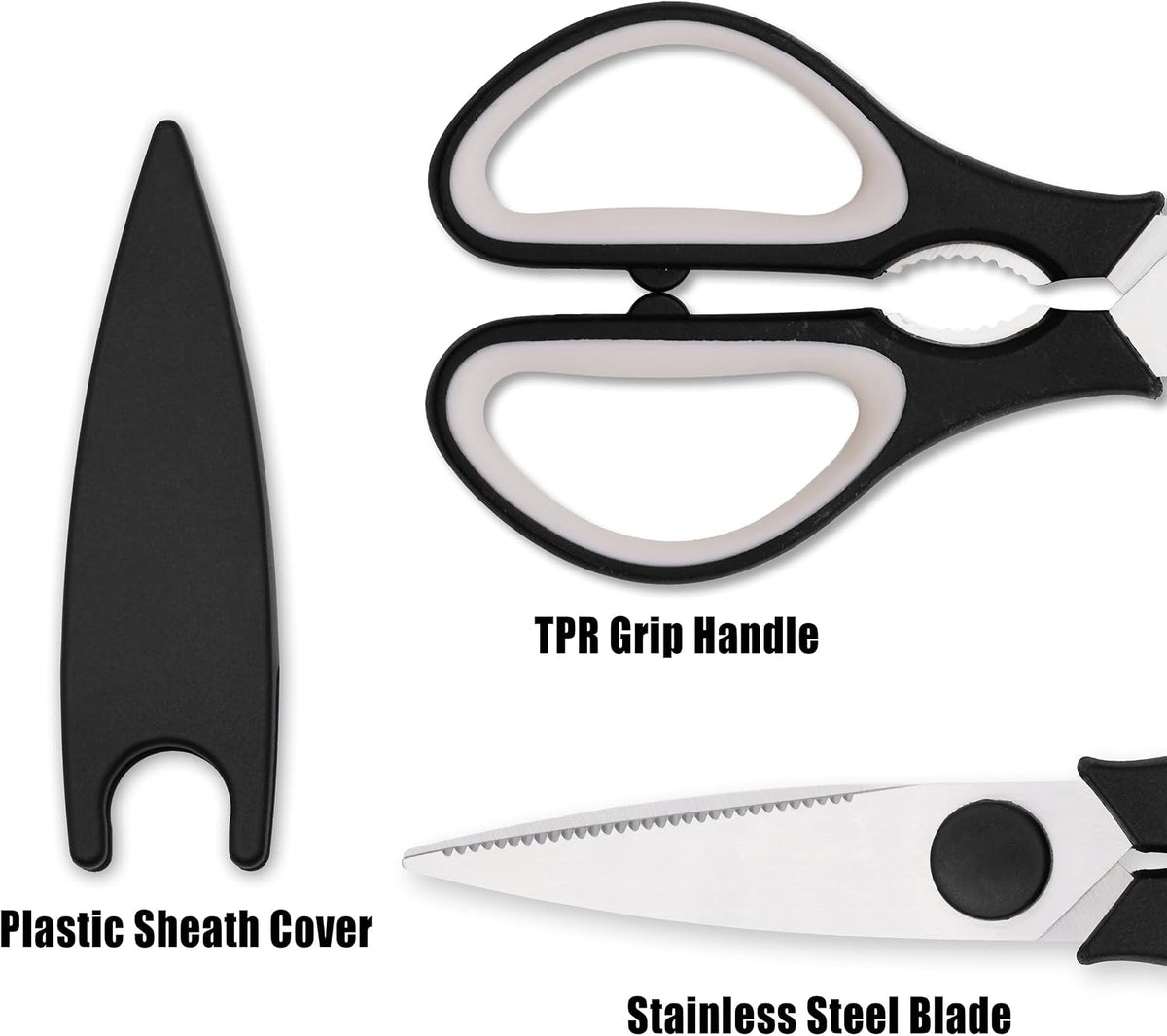 Grip Multi-Purpose Stainless Steel Kitchen Scissors - Non-Slip TPR Grip - Serrated Blade - Cuts Meat, Vegetables, Fish, Poultry, Fruits, Pizza - Nut cracker/Bottle opener - Dishwasher Safe (Blk/Grey)