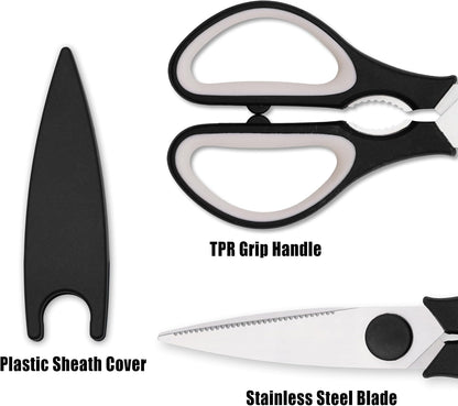 Grip Multi-Purpose Stainless Steel Kitchen Scissors - Non-Slip TPR Grip - Serrated Blade - Cuts Meat, Vegetables, Fish, Poultry, Fruits, Pizza - Nut cracker/Bottle opener - Dishwasher Safe (Blk/Grey)