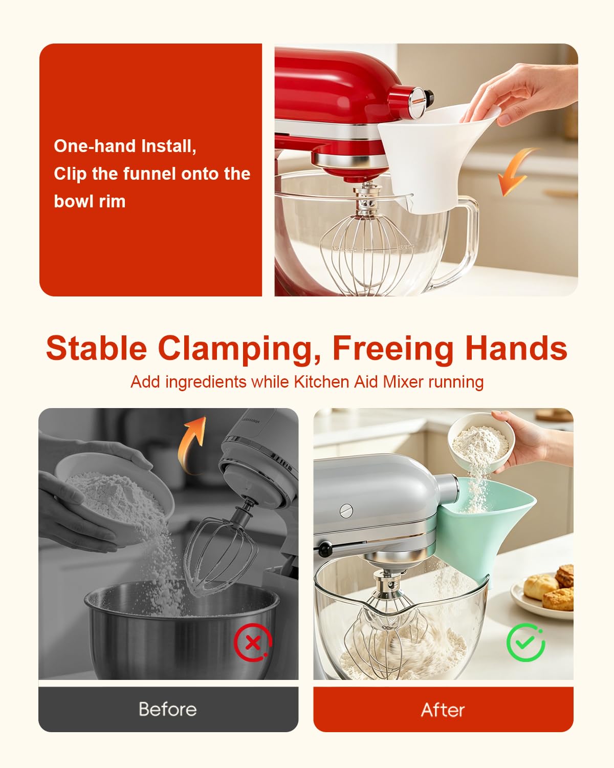 OneLeaf Silicone Flour Funnel for Kitchen Aid Mixer, Pouring Chute, White