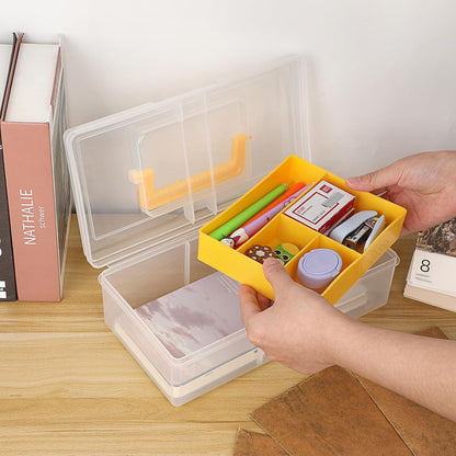 JUXYES Clear Art Craft Supply Storage Bin Sewing Box With Handle Lid | Clear Stackable Latching Craft Storage Bin for School Office, Organizing Stationery, Sewing, Art Craft, DIY Supplies