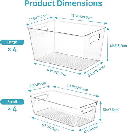 Vtopmart 8 Pack Clear Plastic Storage Bins with Lid Set, 4 Large and 4 Small Pantry Organizers and Storage Bins with Handle, Storage Containers for Pantry, Kitchen, Fridge, Cabinet Organization