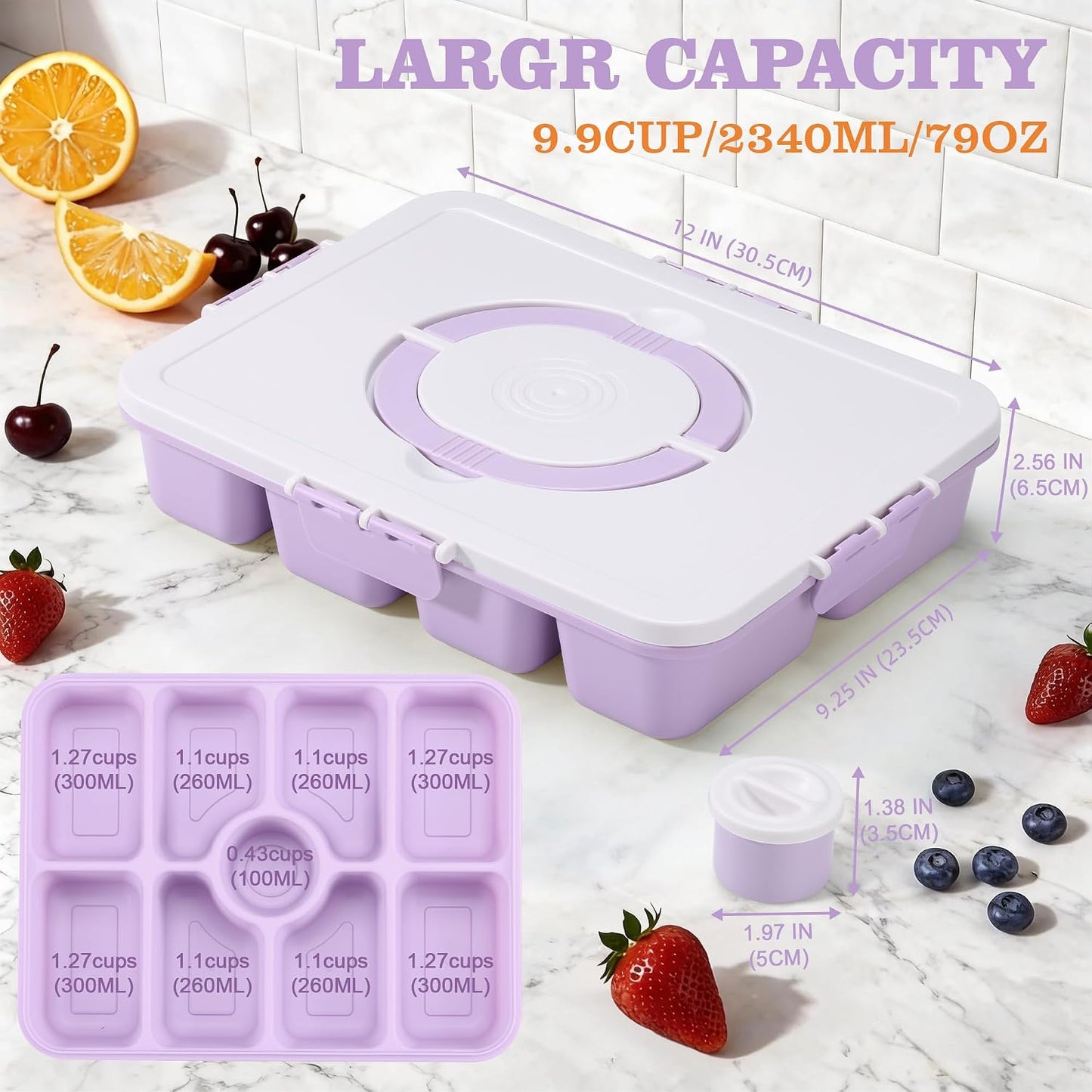 Snackle Box Container, Divided Serving Tray with Lid and Handle, 9 Compartments Snack Box Container for Adults, Portable Charcuterie Serving Platter for Candy Fruit, 9.9 Cups, White Grey
