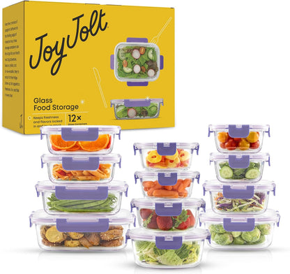 JoyJolt 24pc Borosilicate Glass Storage Containers with Lids | 12 Airtight/Freezer Safe Food Storage Containers for Pantry and Kitchen | Meal Prep Container for Lunch | Glass Tupperware Set