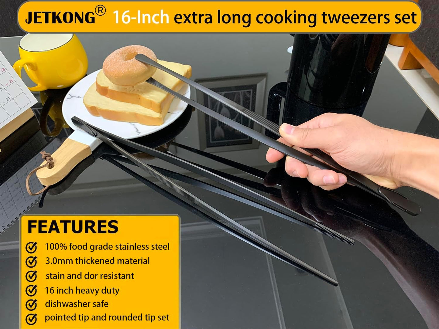 JETKONG 2 Pcs 12-Inch Kitchen Tweezers Fine Tweezer Tongs, Extra-Long Stainless Steel Cooking Tweezers (Silver)