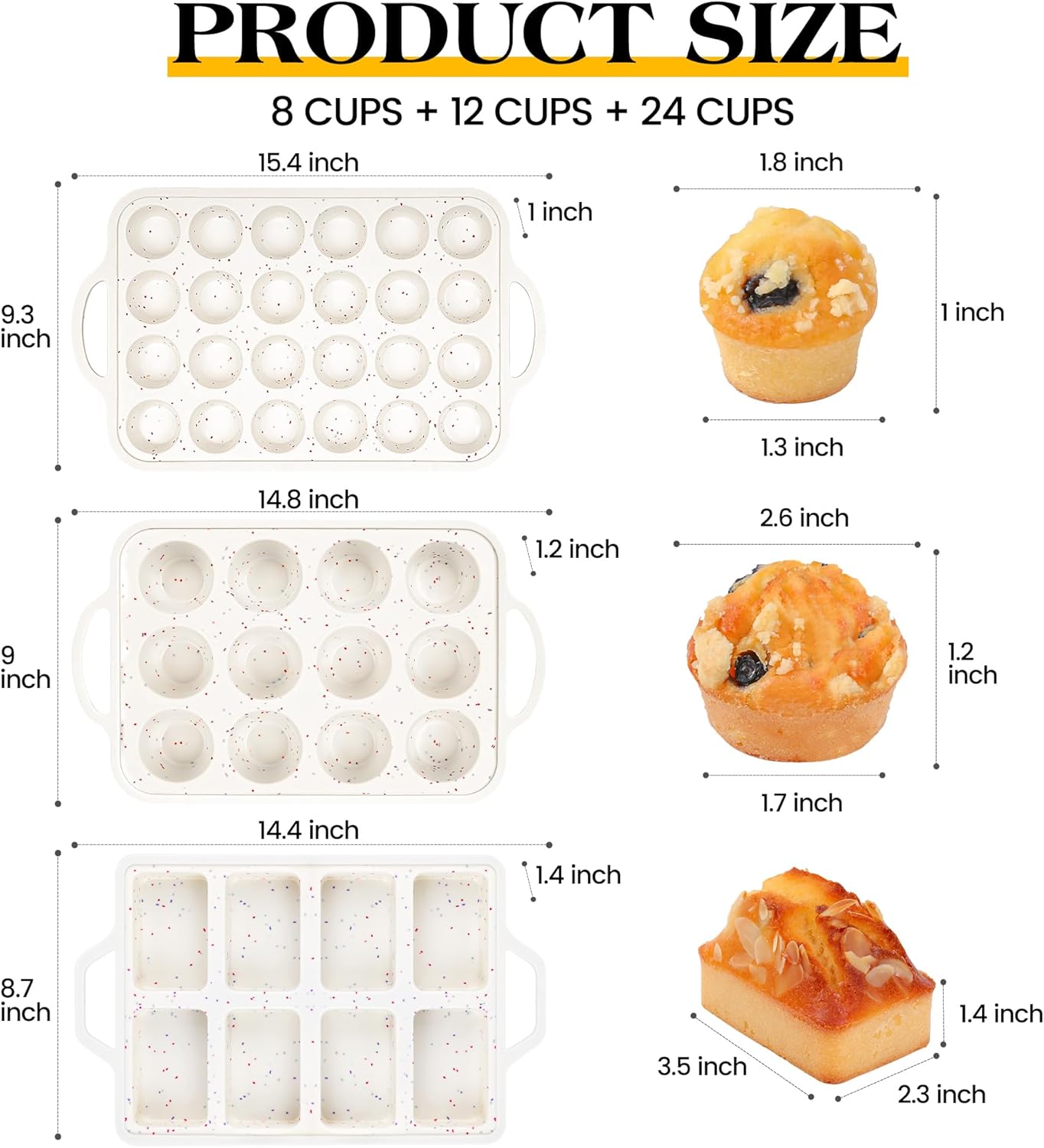 Regular 12 Cup and Mini 24 Cup Nonstick Cupcake Pan Set Silicone Muffin Pan for Baking Silicone Cupcake Mold with Metal Reinforced Frame BPA Free (2 Pcs, Cream)