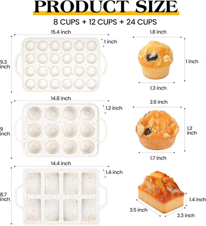 Regular 12 Cup and Mini 24 Cup Nonstick Cupcake Pan Set Silicone Muffin Pan for Baking Silicone Cupcake Mold with Metal Reinforced Frame BPA Free (2 Pcs, Cream)