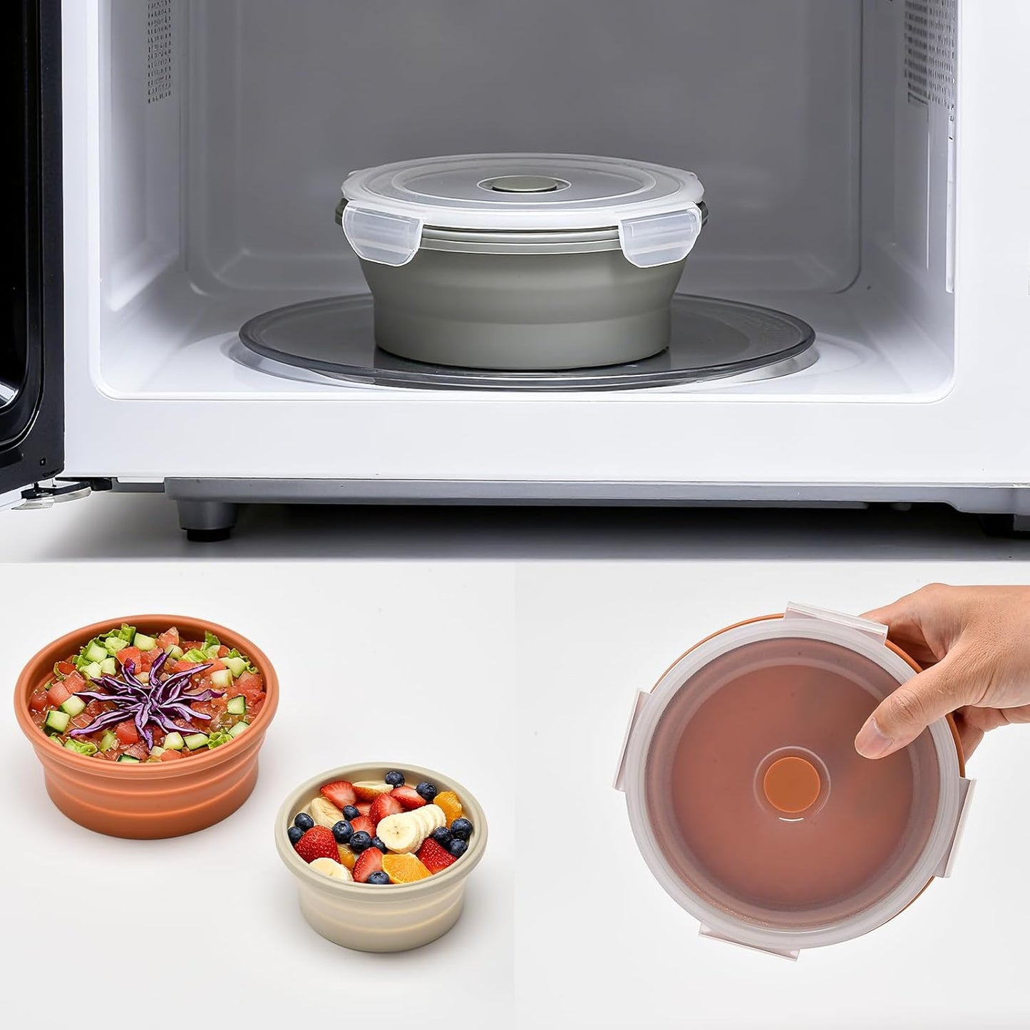 Collapsible Bowls with Lids, Reusable Silicone Food Storage Containers for Meal Prep, Camping Must Haves Accessories ， Microwave Freezer Safe Dishwasher Safe Leak Proof，Set of 4 with Lids
