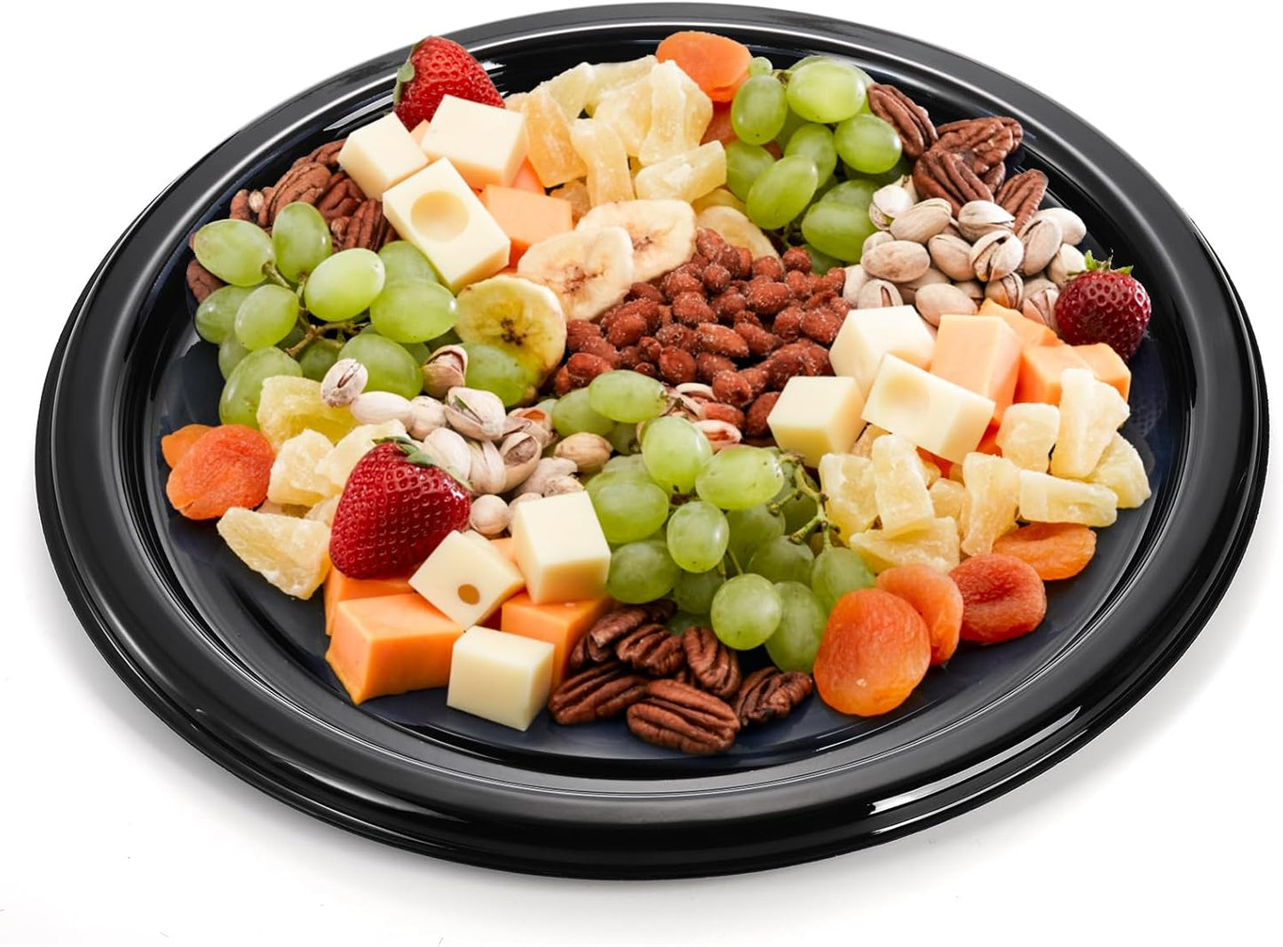 Frcctre 12 Pack 12 Inch Plastic Serving Tray with Lid, Disposable Plastic Food Serving Platters with Clear Dome Lids, Stackable Round Trays for Party, Takeout Food, Catering, Picnic