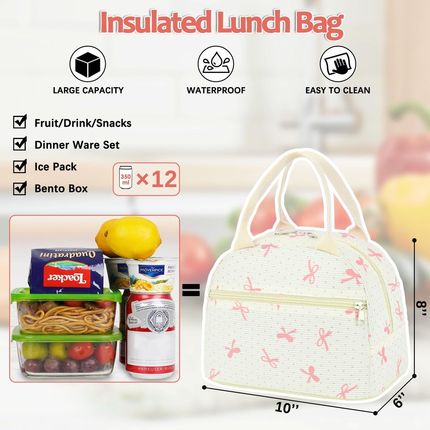 GYEUKHAM Lunch Bag Women, Lunch Box for Adult Men Kids Girls, Small Cute Lunchbox Tote Large Capacity Insulated Lunch Container Cooler for Work School Picnic Travel, Black White Stripes