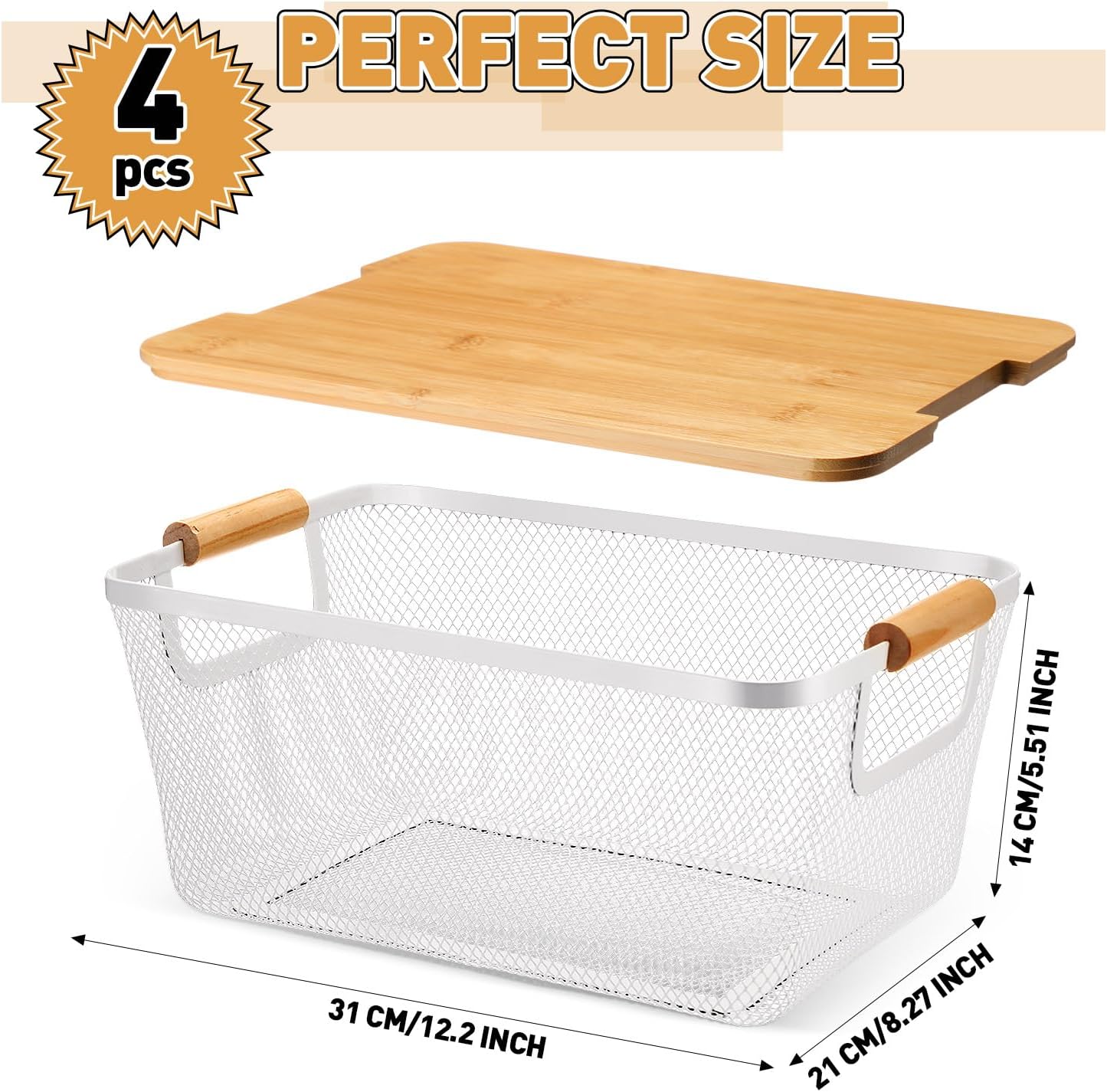 Geelin 4 Pcs Metal Wire Basket with Wooden Handles and Bamboo Lids 12.2 x 8.27 x 5.51 Mesh Steel Basket Stackable Storage Bins Organizer Containers for Vegetables Fruit Home Cabinet Pantry(White)