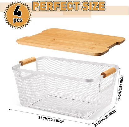 Geelin 4 Pcs Metal Wire Basket with Wooden Handles and Bamboo Lids 12.2 x 8.27 x 5.51 Mesh Steel Basket Stackable Storage Bins Organizer Containers for Vegetables Fruit Home Cabinet Pantry(White)