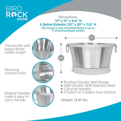 BIRDROCK HOME 5 Gallon Double Wall Stainless Steel Beverage Tub, Silver