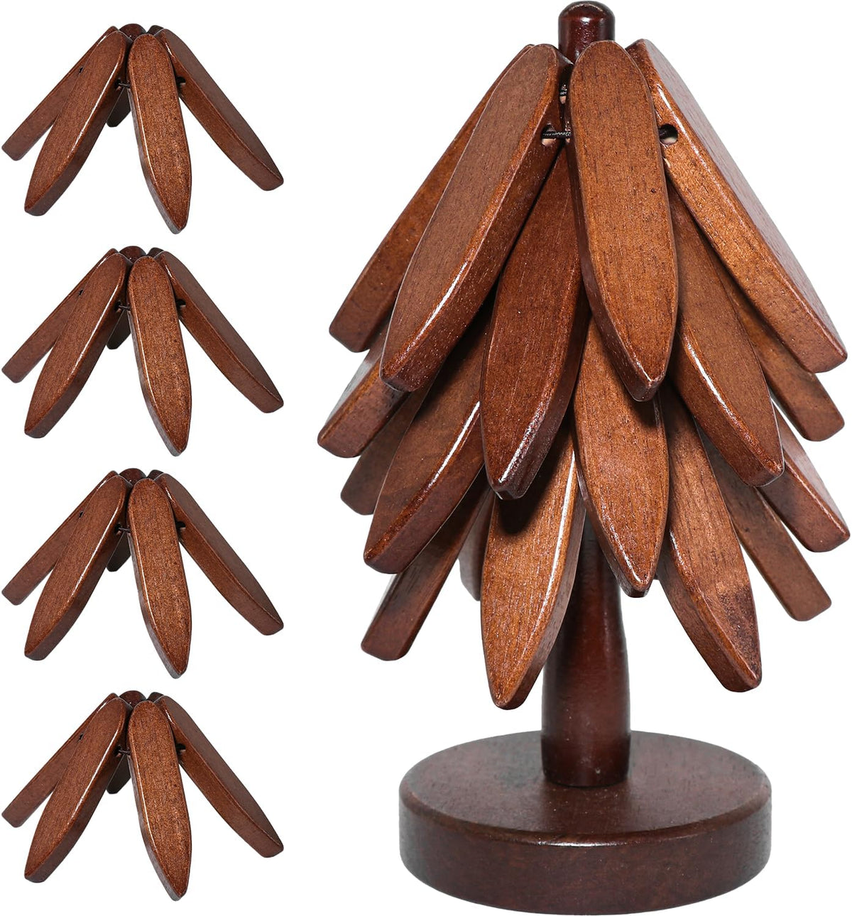 Wooden Tree Coasters Set, Black Walnut Tree Trivet for Hot Dishes, Foldable Stackable Trivets with Stand, Heat Resistant Decorative Coasters for Coffee Table, Kitchen, (Walnut)