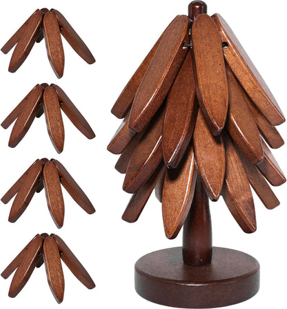 Wooden Tree Coasters Set, Black Walnut Tree Trivet for Hot Dishes, Foldable Stackable Trivets with Stand, Heat Resistant Decorative Coasters for Coffee Table, Kitchen, (Walnut)