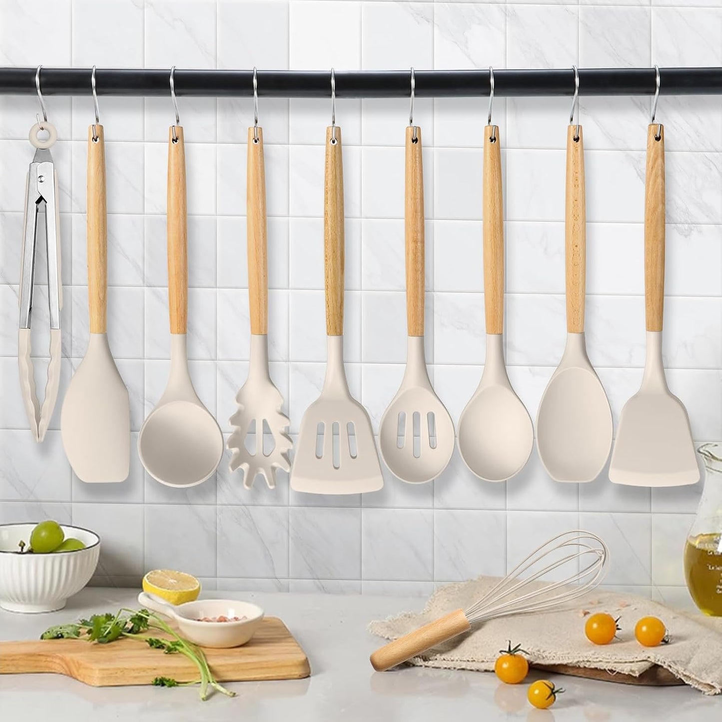 HaWare Silicone Cooking Utensils Set, 10-Piece Chef Kitchen Non-Stick Cookware with Wooden Handle, 450°F Heat Resistant - Khaki