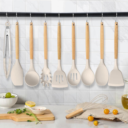 HaWare Silicone Cooking Utensils Set, 10-Piece Chef Kitchen Non-Stick Cookware with Wooden Handle, 450°F Heat Resistant - Khaki