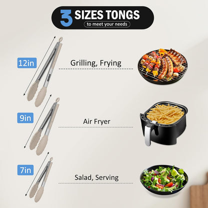 Kitchen Tongs, Stainless Steel Cooking Tongs with Silicone Tips, 600ºF High Heat-Resistant Non Scratch Locking Tongs for Cooking BBQ Grilling Air Fryer Pans, Set of 3 (7" 9" and 12") Black