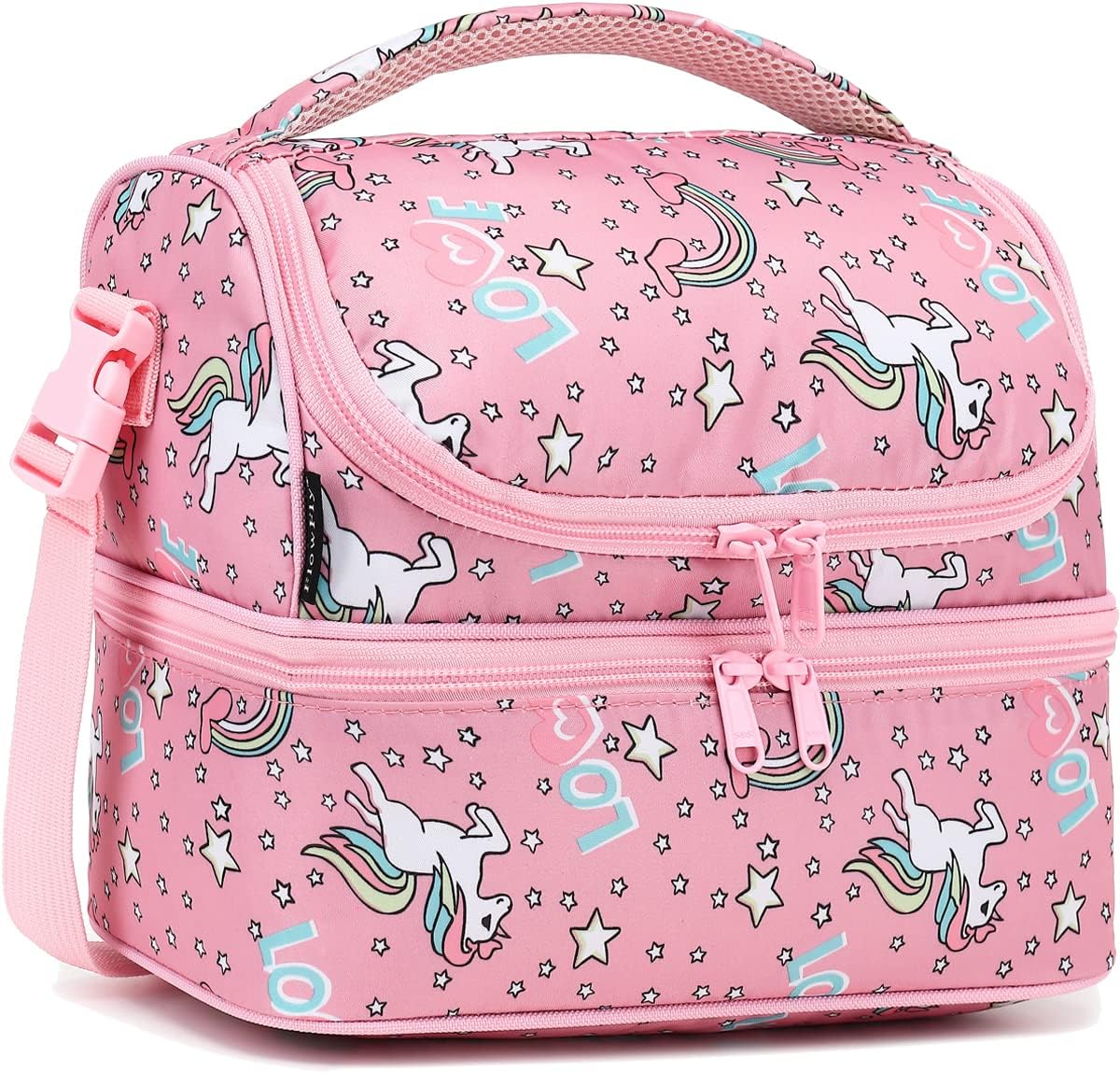 FlowFly Kids Double Decker Cooler Insulated Lunch Bag Large Tote for Boys, Girls, Men, Women, With Adjustable Strap, Unicorn