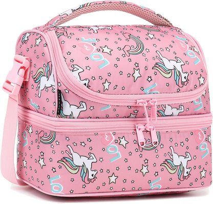 FlowFly Kids Double Decker Cooler Insulated Lunch Bag Large Tote for Boys, Girls, Men, Women, With Adjustable Strap, Unicorn