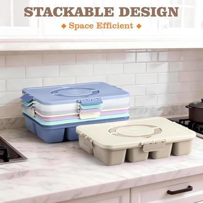 Snackle Box Container, Divided Serving Tray with Lid and Handle, 9 Compartments Snack Box Container for Adults, Portable Charcuterie Serving Platter for Candy Fruit, 9.9 Cups, White Grey