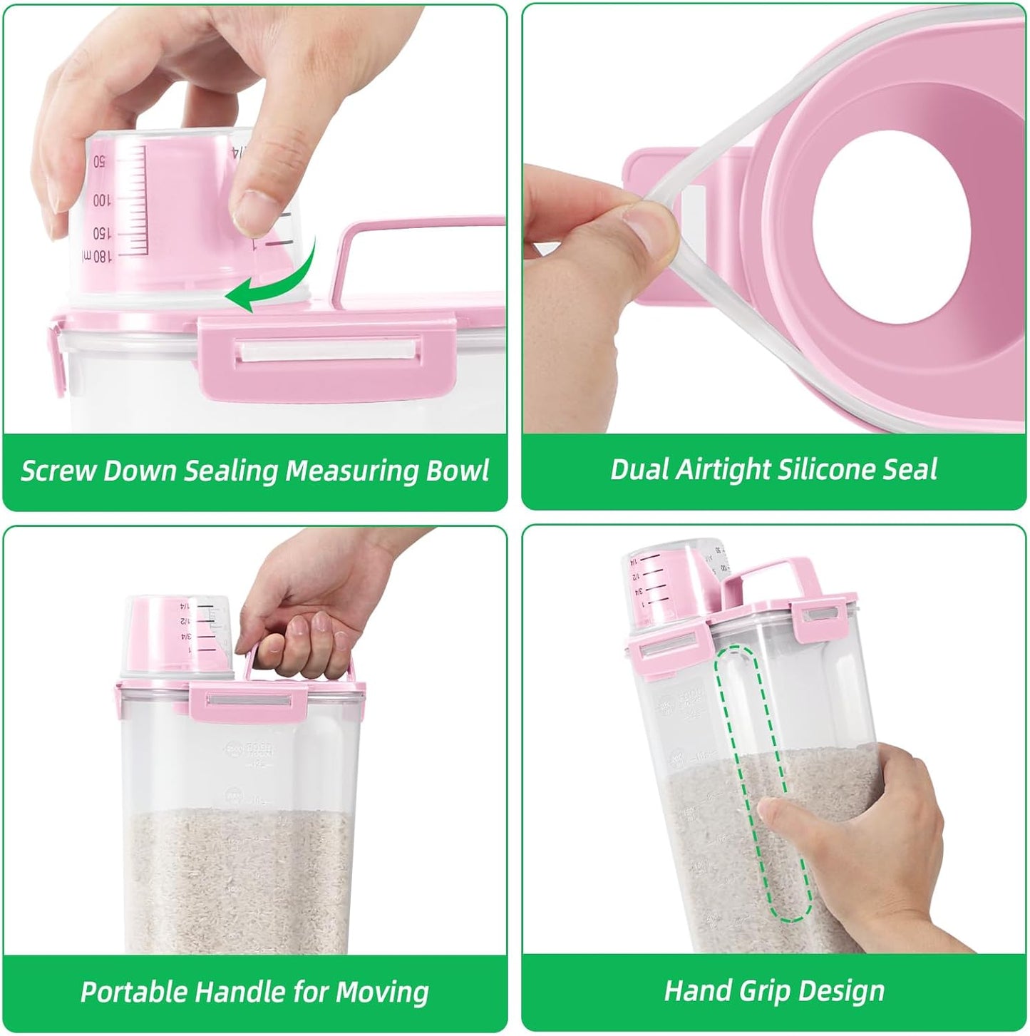 TBMax 2 Pack Airtight Rice Container 5 Lbs +10 Lbs, Cereal Container Oatmeal Storage with Easy-pouring Spout & Handy Cup for Flour Grain Beans, Pet Dog Cat Bird Food Storage Dispenser -Pink