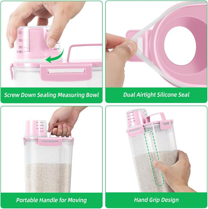TBMax 2 Pack Airtight Rice Container 5 Lbs +10 Lbs, Cereal Container Oatmeal Storage with Easy-pouring Spout & Handy Cup for Flour Grain Beans, Pet Dog Cat Bird Food Storage Dispenser -Pink
