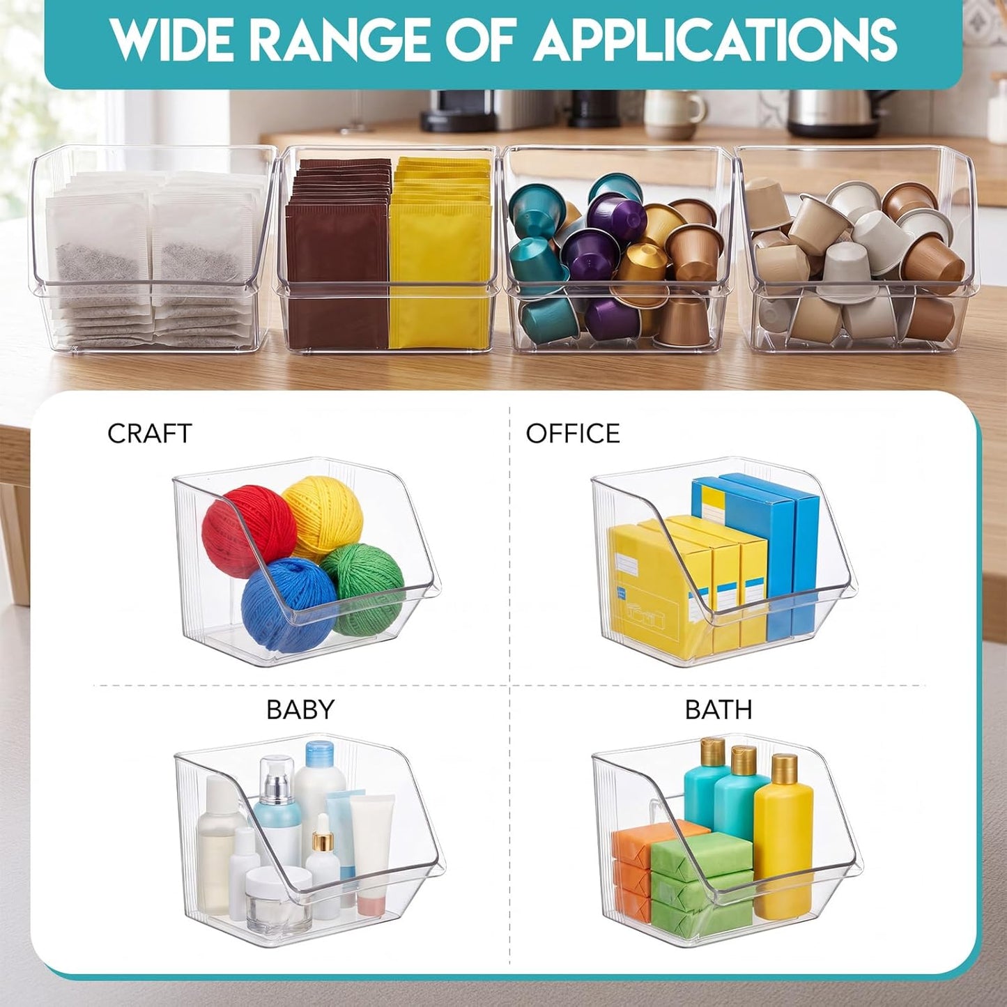 4 Pcs Clear Plastic Storage Bins Stackable Pantry Storage Organizer Kitchen Cabinet Organizers Ideal Containers for Tea Sugar Bag Coffee Pod Office Fridge Caddy