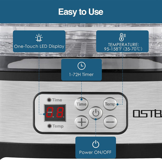 OSTBA Food Dehydrator Machine Adjustable Temperature & 72H Timer, 5-Tray Dehydrators for Food and Jerky, Fruit, Dog Treats, Herbs, Snacks, LED Display, 240W Electric Food Dryer, Recipe Book